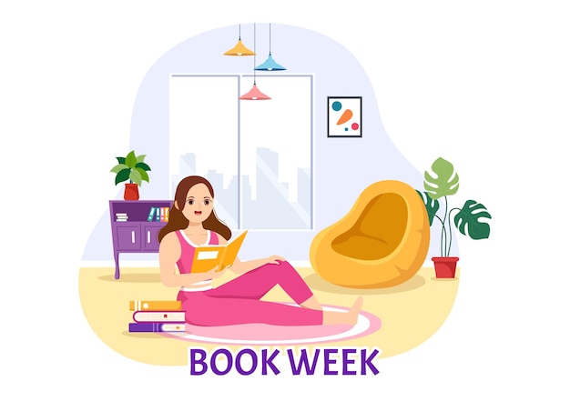 Boekenweekgebeurtenissen Vectorillustratie met mensen die lezen of studenten studieboeken in sjablonen bestuderen