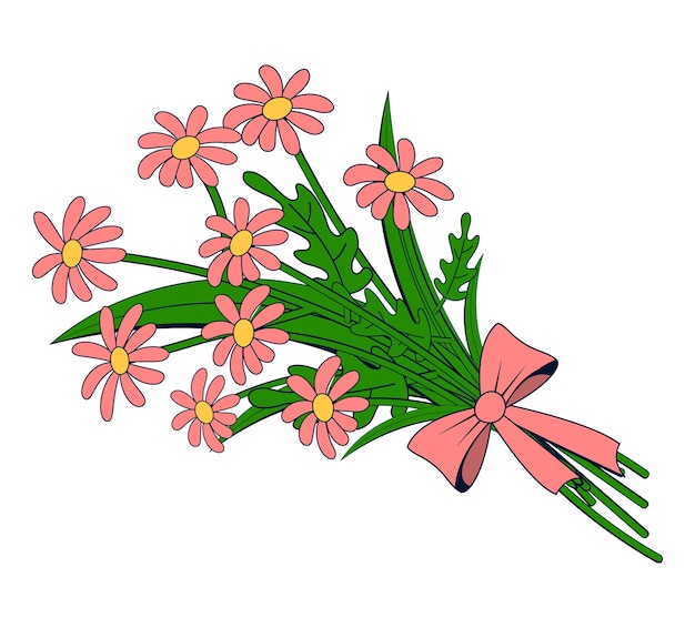 Vector boeket bloemen in cartoon stijl lente wilde bloemen gebonden met een strik