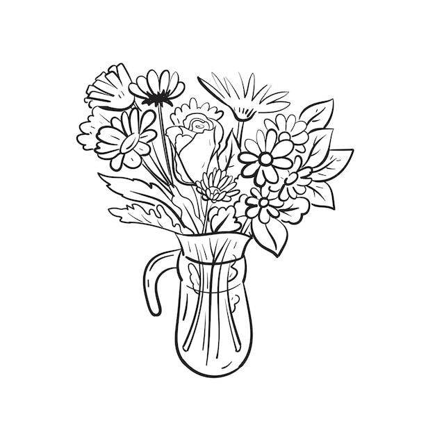 Boeket bloemen in een kruik. Overzicht schets. vectorillustratie.