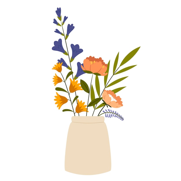 Vector boeket bloemen in een vaaskleurrijke bloemencadeaumuscaribellflowereustomarosedelphiniumleaf b