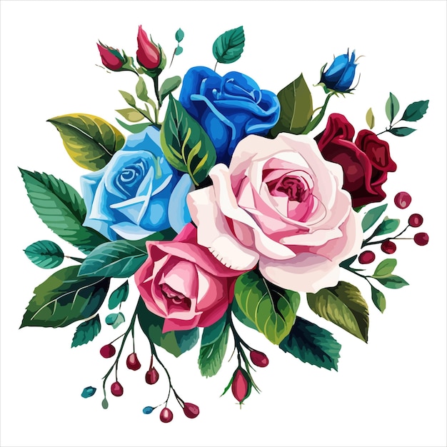 Vector boeket bordeaux en roze rozen blauw rode bloemen aquarel botanische op witte achtergrond vector