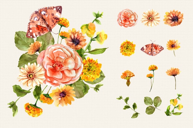 Boeket en bloemen elementen aquarel set.