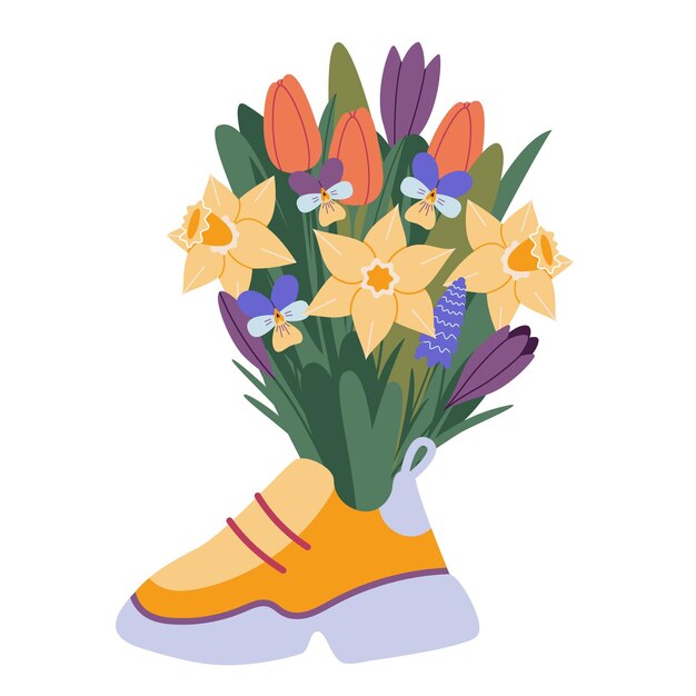 Vector boeket lentebloemen met narcissen en tulpen in een sneaker cartoon stijl trendy moderne vectorillustratie geïsoleerd op een witte achtergrond hand getekend plat