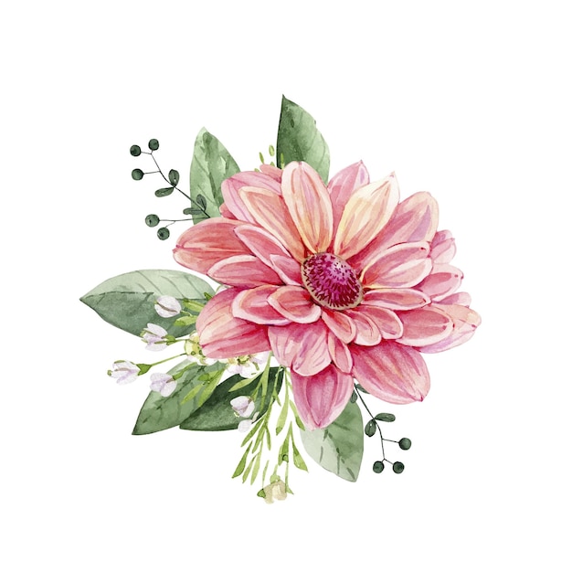 Boeket met roze chrysanthemum bloem en groene planten aquarel illustratie handgeschilderd