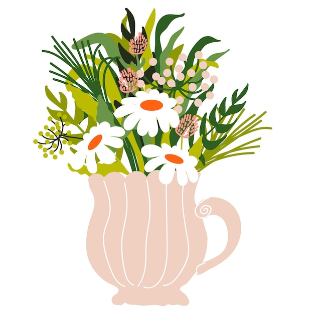 Boeket met wilde bloemen, kamilles, klaver in vaas. Lente bloesem. vector illustratie