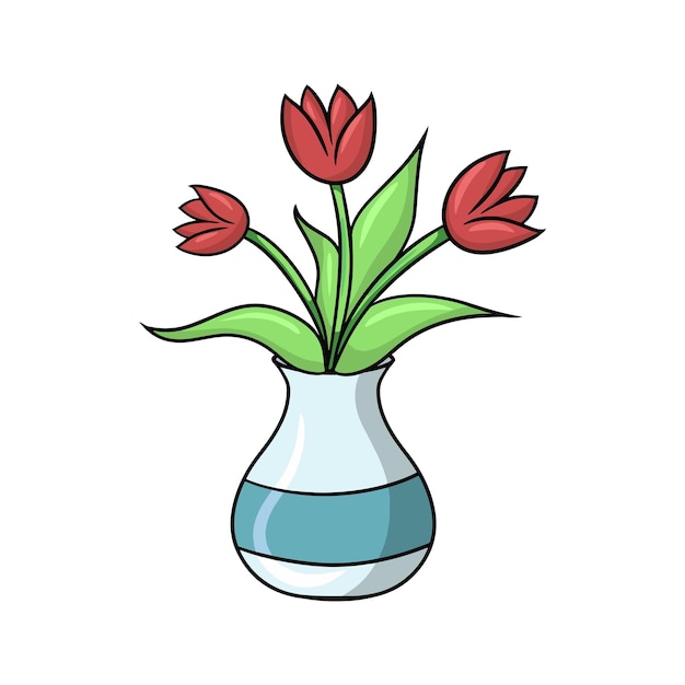 Vector boeket rode tulpen met bladeren in een brede vaas vector cartoon