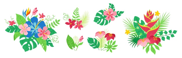 Boeket tropische bloemen en bladeren instellen. hawaiiaanse cartoon bloemensamenstelling. monstera, palm en wilde bloemen