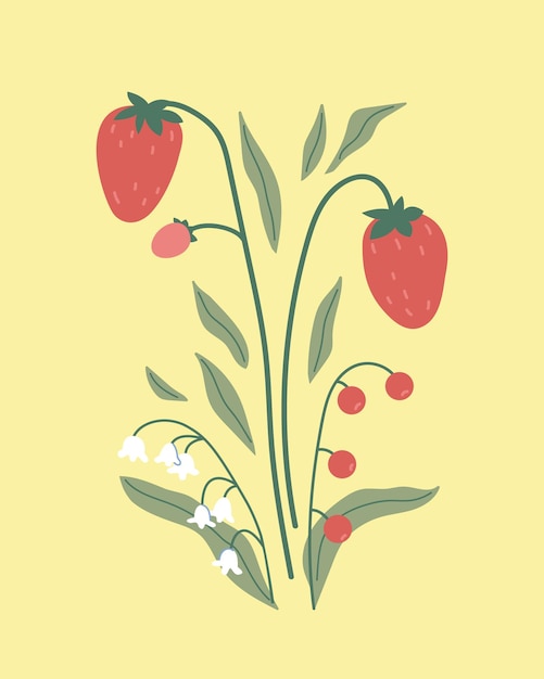 Boeket van hand getrokken bloemen Zomer vectorillustratie Aardbeien laat lelietje-van-dalen.