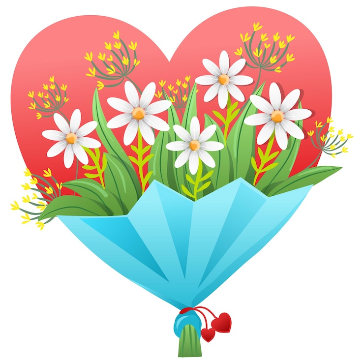 Vector boeket van hartvormige bloemen madeliefjes en bladeren verpakt in blauw inpakpapier voor cadeau