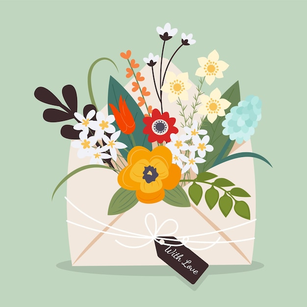 Boeket van Lentebloemen in de envelop en tag met liefde Vector illustratie vlakke stijl