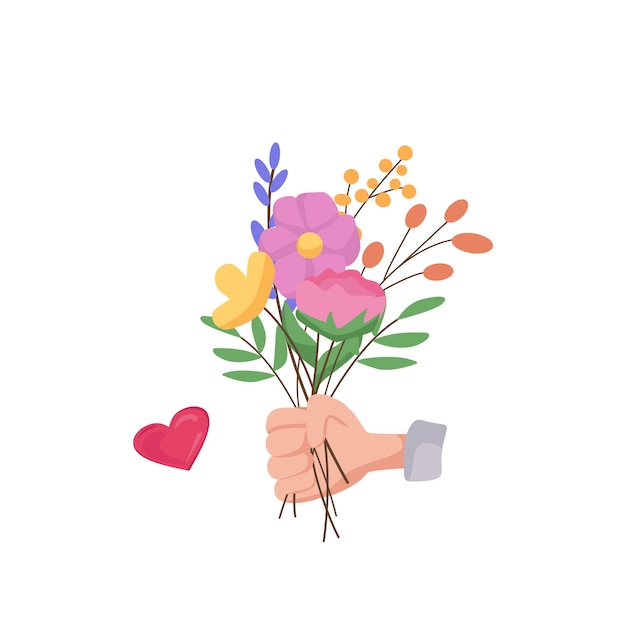 Boeket van lentebloemen in de hand Cartoon vectorillustratie Vakantie concept