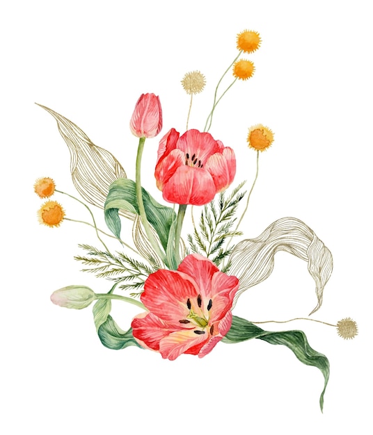 Boeket van rode aquarel tulpen en craspedia en gouden contouren Aquarel van zilveren lel