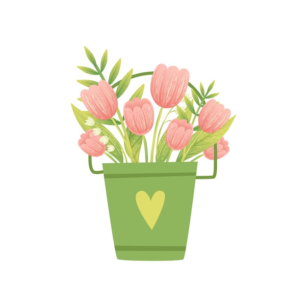 Boeket van roze tulpen in groene emmer Hallo lente bloemdessin sjabloon vectorillustratie