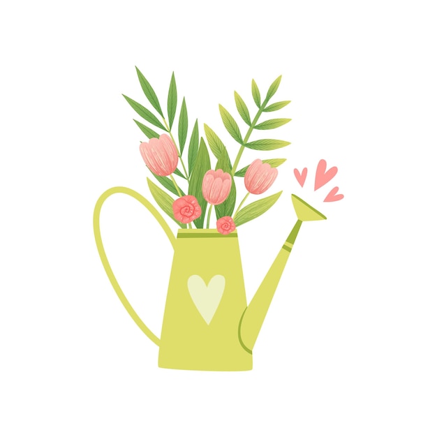 Boeket van roze tulpen in vaas in de vorm van gieter Hallo lente bloemen ontwerp sjabloon vectorillustratie op witte achtergrond