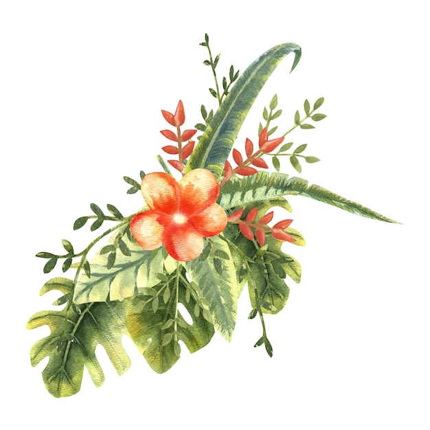 Boeket van tropische bloemen en bladeren in aquarel vectorillustratie