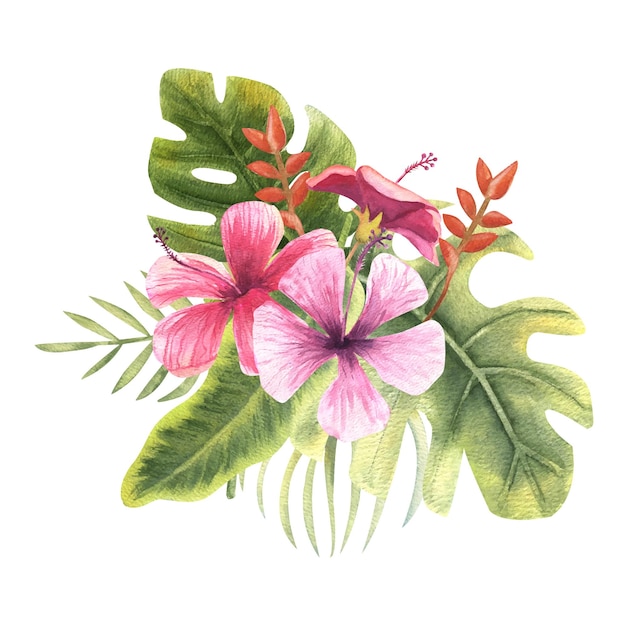 Boeket van tropische bloemen en bladeren in aquarel vectorillustratie