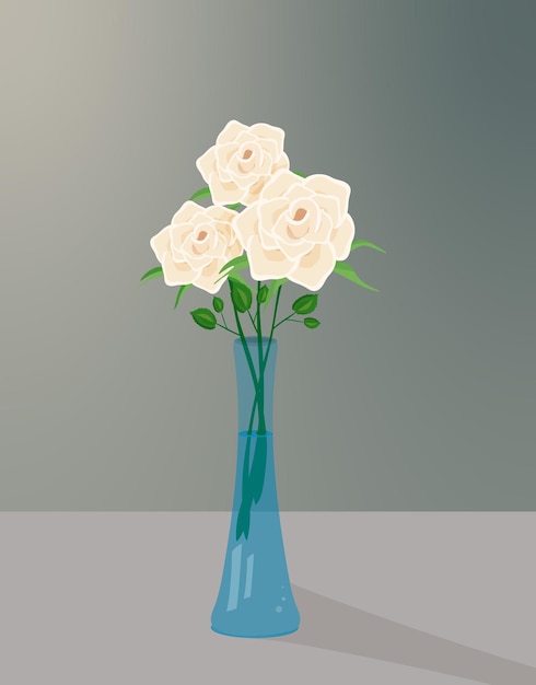 Boeket witte rozen in een transparant blauwe vaas