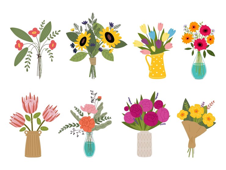 Vector boeketten bloemist schoonheidsboeket roze tulp in vaas bloesem bloemen roos en pioen tuinplanten botanische feestelijke geschenken bloemen bos stijlvolle vector set