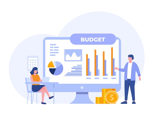 boekhouding of financiën concept businessplan en budgetanalist accountant economische vlakke afbeelding vectorbanner en achtergrond