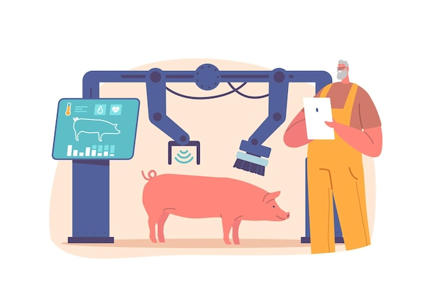 Boer beheert varkenswasproces op smart farm met behulp van robotmachine met waterstralen en borstels geautomatiseerde technologie