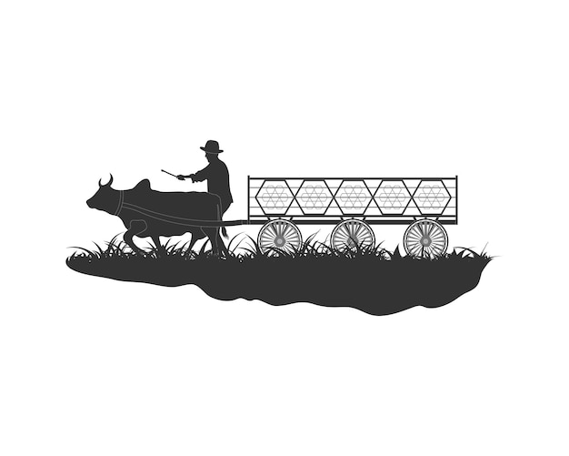 Boer controlerende houten kar door koe. vectorillustratie op witte achtergrond