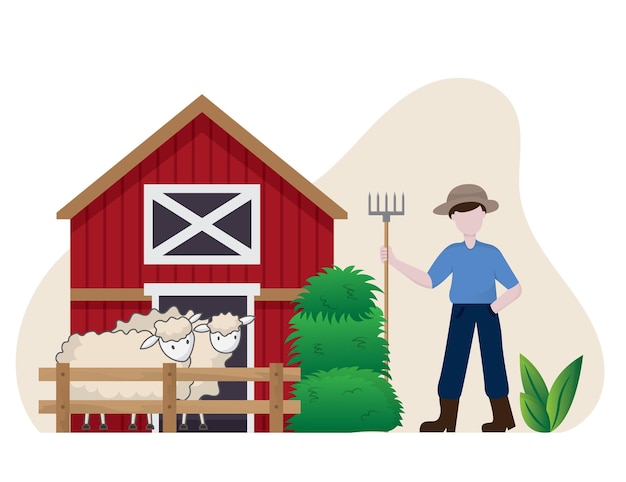 Boer en schapen op de boerderij illustratie Landbouw man landbouw schapen Schuur pictogram boer pictogram