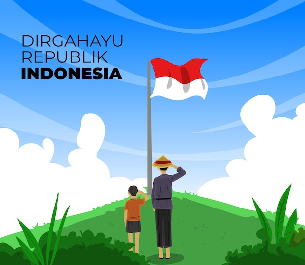 Boer en zijn zoon salueren met de hand getekende illustratie van de nationale vlag van indonesië