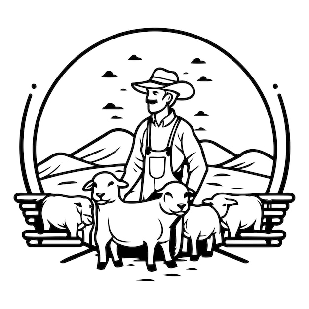 Boer met een kudde schapen op de boerderij Vector illustratie in retro stijl