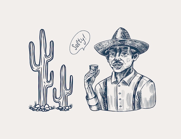Boer met een shot tequila. Mexicaanse man met hoed en cactus. Retro poster of banner. Gegraveerde hand getekende vintage schets. Houtsnede stijl.