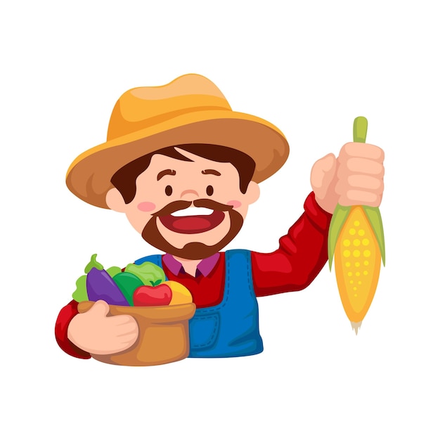 Boer met groente en maïs. landbouw oogst symbool karakter mascotte illustratie vector