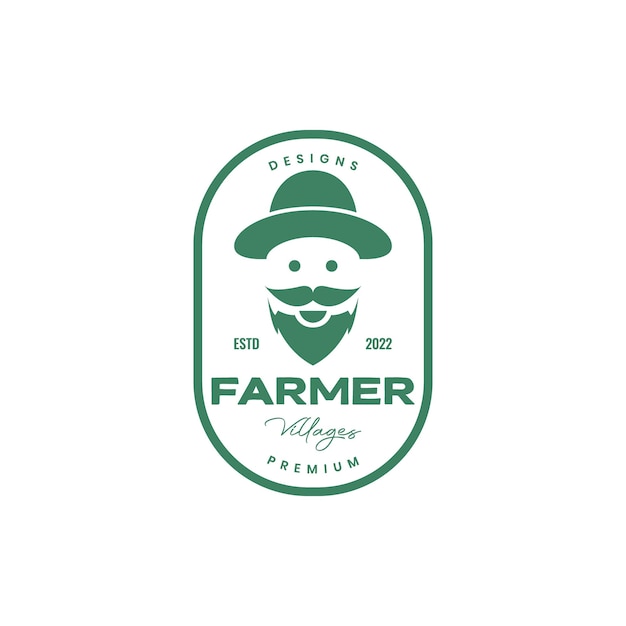 Boer oude man met baard en snor hoed glimlach cartoon schattig badge vintage logo ontwerp vector pictogram illustratie sjabloon