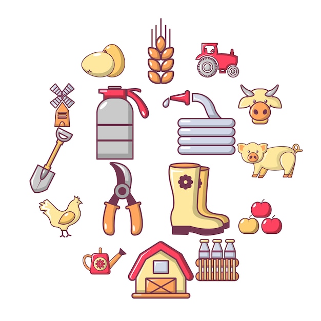 Boerderij agrarische icon set, cartoon stijl