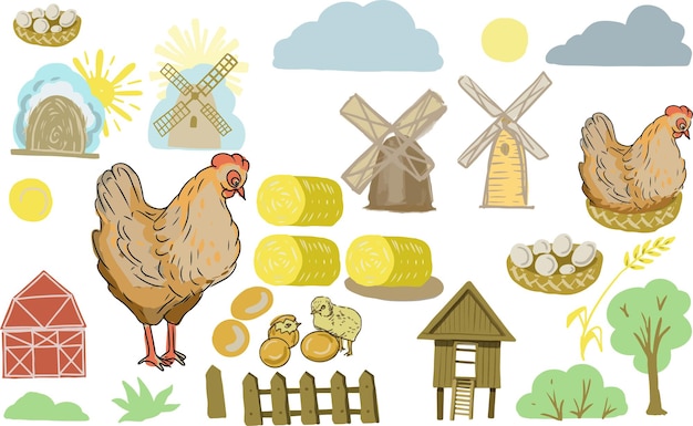 Boerderij dorp kippeneieren kippenhok vlakke illustratie vector hand getekende achtergrond kinderen schattig