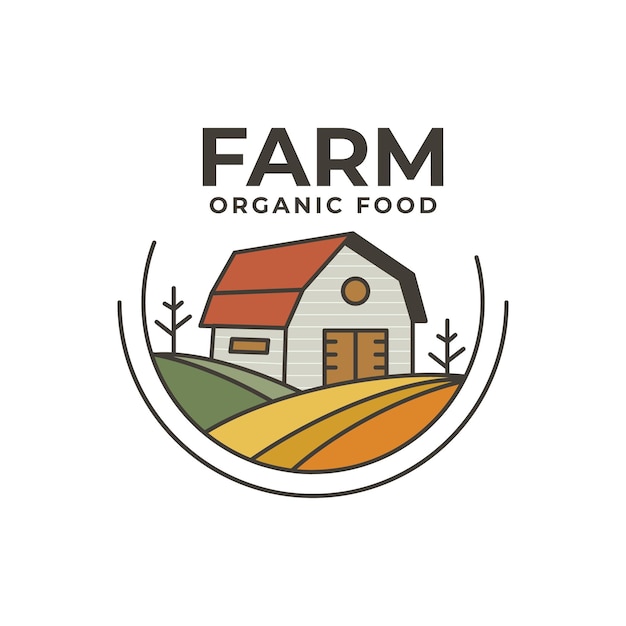 Boerderij Logo vector sjabloon met schuur en boer landschap Lokaal geteeld badge ontwerp Eco logo Voorraad vector embleem geïsoleerd op witte achtergrond