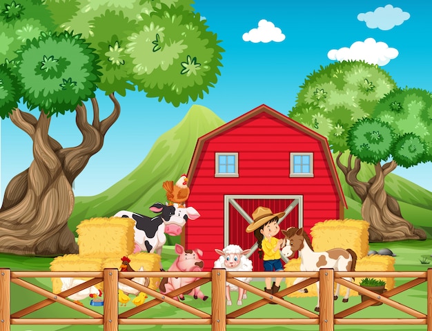 Boerderij scène met meisje en dieren op de boerderij
