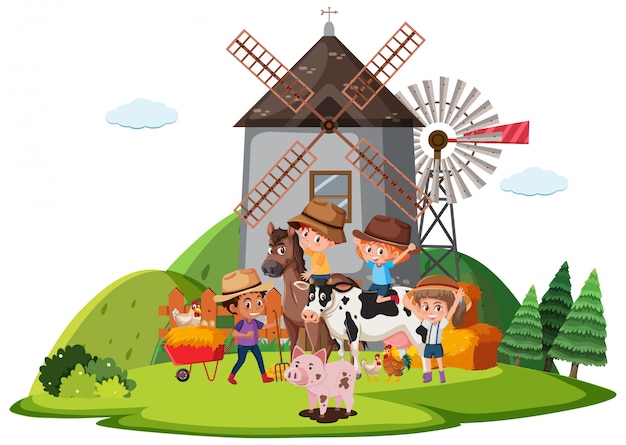 Boerderij scène met veel kinderen en dieren op de boerderij