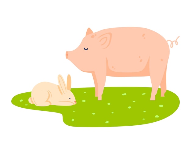 Boerderij varken en konijn geïsoleerd op witte vectorillustratie Cartoon schattig gezelschapsdier grafische aard binnenlandse karakter Rustieke zoogdier pictogram