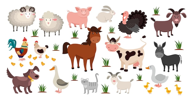 Boerderijdieren stock verhogen concept cartoon schapen en geiten paard of koe gedomesticeerde vogels met schattige kippen grappige huisdieren en vee natuurlijke landbouw vector rustieke kleurrijke set