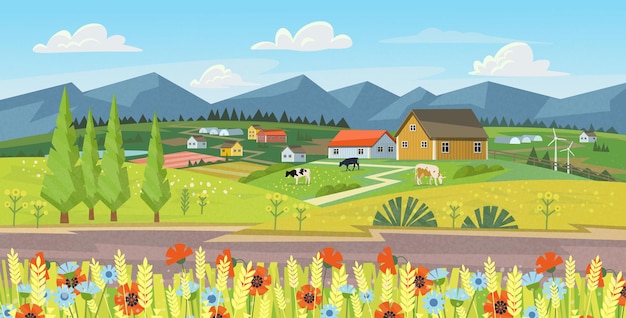 Boerderijpanorama met velden, bloemen, gras en koeien