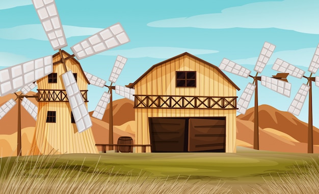Boerderijscene in de natuur met schuur en windmolen