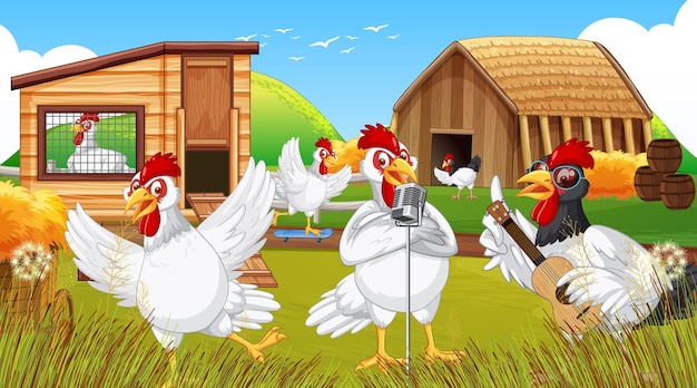 Boerderijscène met een stripfiguur van een groep kippen