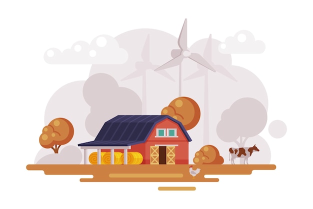 Boerderijscene met rode schuurhuizen, windturbines en grazende koeien in de herfst landschap op het platteland landbouw en boerderij concept cartoon vector illustratie