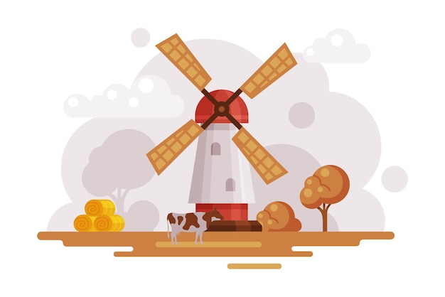 Boerderijscene met vintage windmolen in de herfst Landelijk landschap Landbouw en boerderij Concept Cartoon Vector Illustratie