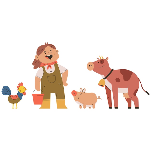 Vector boervrouw met boerderijdieren vector cartoon personage geïsoleerd op een witte achtergrond