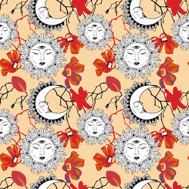 Boheems naadloos patroon met zon, maan, sterren en bloemen Vintage stijl Zigeuner en volksmotieven