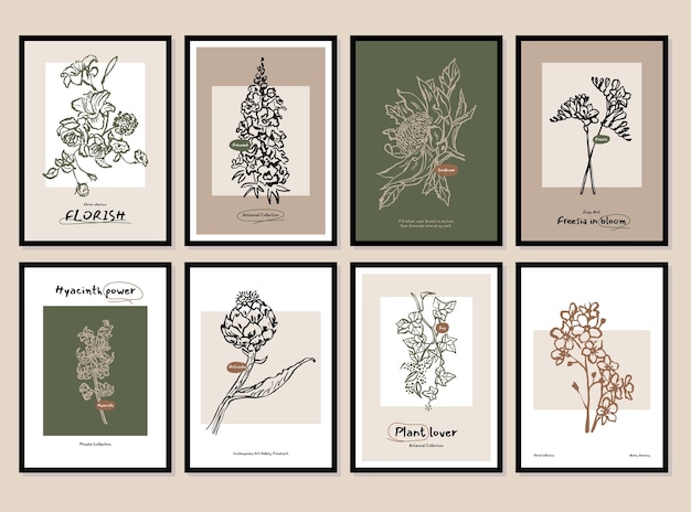 Boheemse collectie botanische illustraties voor kunstgalerie aan de muur