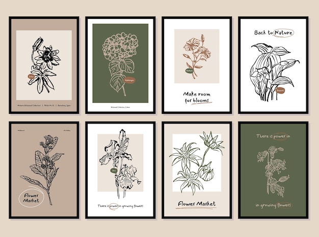 Vector boheemse collectie botanische illustraties voor kunstgalerie aan de muur