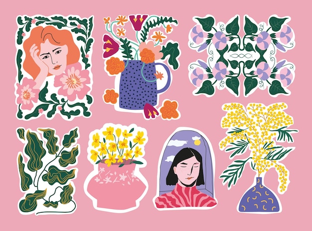 Boheemse collectie vrouwenportret en botanische illustraties voor stickerpakket