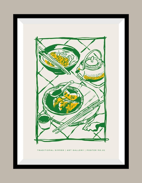 Boheemse dinnerline kunst vector illustratie in een poster frame voor moderne kunstgalerie