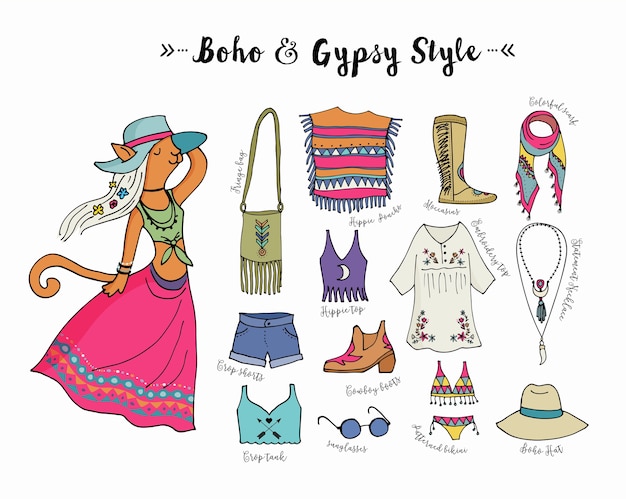 Boheemse mode-stijlenset, boho en hippie, zigeunerkleren illustratie